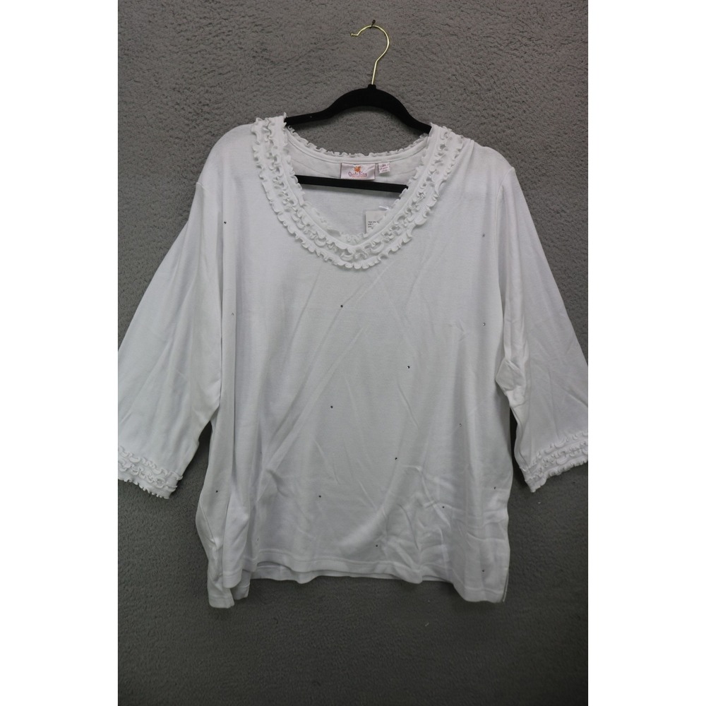 Quacker Factory White 3/4 Sleeve Ruffles Rhinestones Tunic-3X-NWT-Minimalist